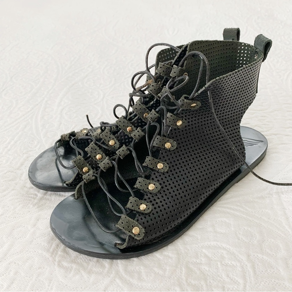 ANCIENT GREEK SANDALS Mache Gladiator Lace Up Sandals, Perforated Black